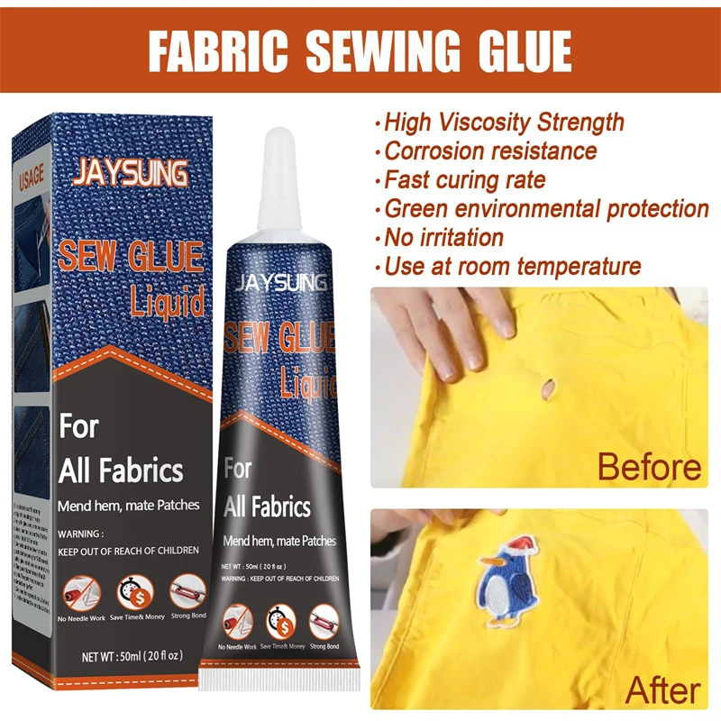 Jaysuing 50ml sew glue liquid denim polyester rack plush silk cotton linen non woven fabrics leather cloth universal sewing glue