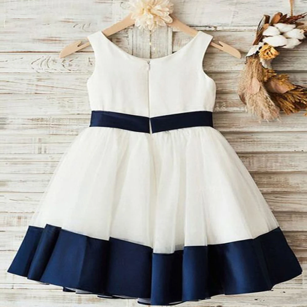 navy bow belt girls dresses white flower girl dresses