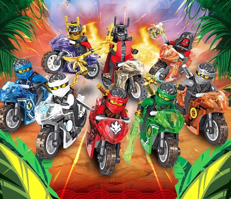 8Pcs Toddler Stitching Anime Toys Collection Combat Ninja Go Minifigs with Motorcycles Mini Figures Building Block Set