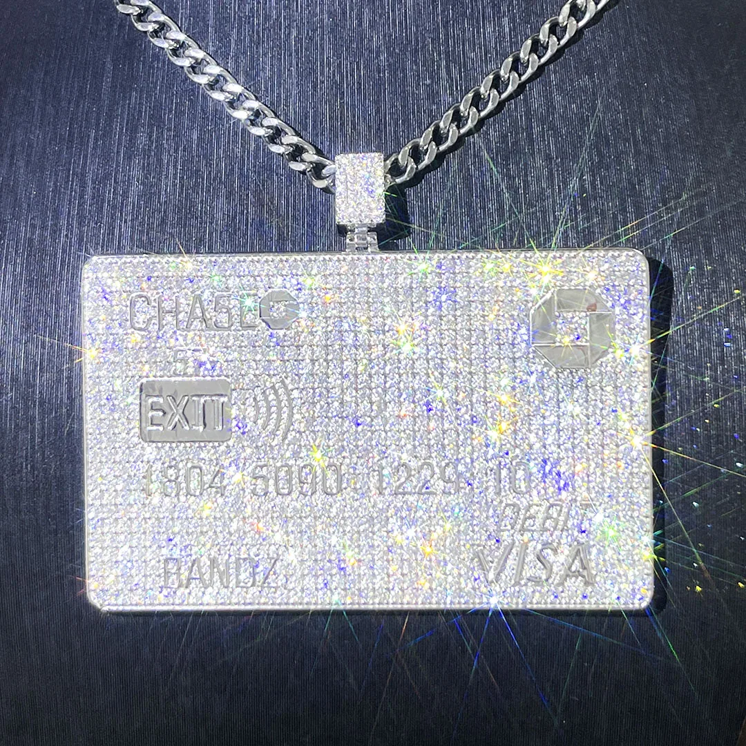 VISA Rectangle Solid Back 925 Sterling Silver 18k Gold Plated D color VVS Custom Moissanite Pendant Unisex Ice Out Jewelry