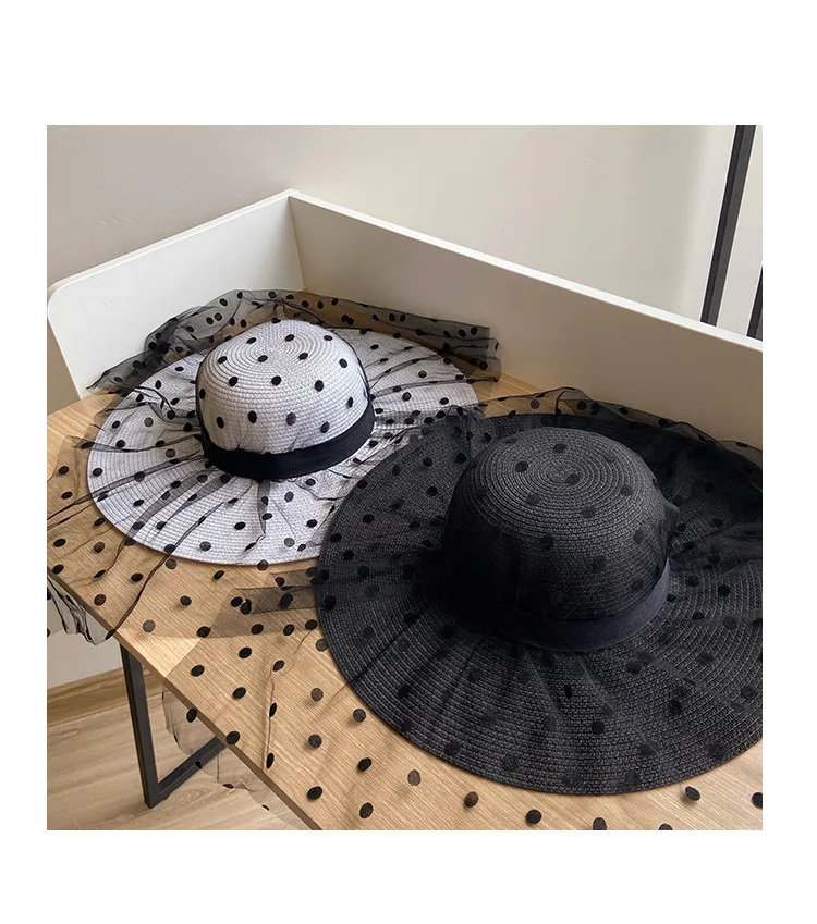 Elegant Outdoor Face Cover Sunshade Wide Brim Sun Hat Lace Beach Straw Hats