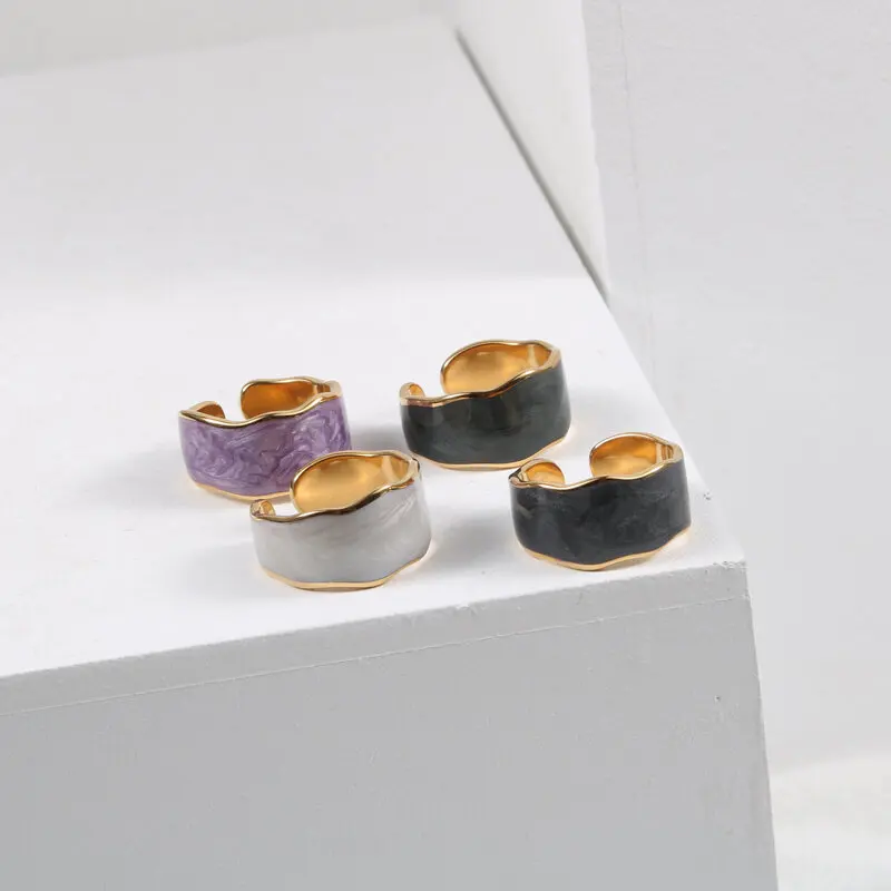 High End Trendy Simple 18K Plain Gold Stainless Steel Colorful Ice Cream Enamel Cuff Rings Gold Plated Jewelry Vendors