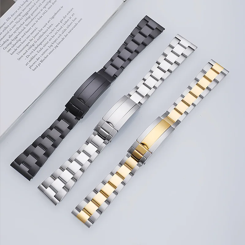 High Quality 20/22mm Quick Release Stainless Steel Metal Watch Band Folding Buckle Three Bead Diving Watch Strap Oyste Bracelet