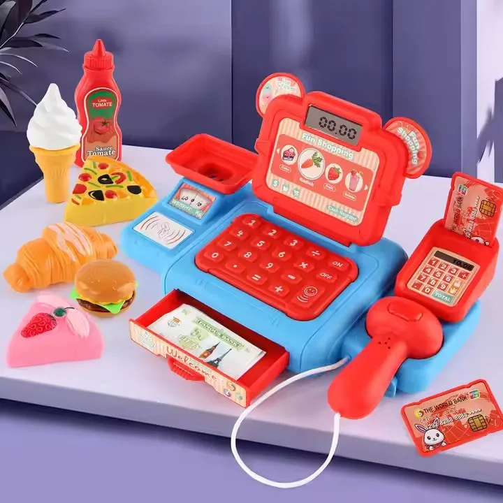 Unisex Durable Plastic Cash Register Play Set Lighting Music Fruit Display Interactive Role-Playing Pretend Preschool Kids