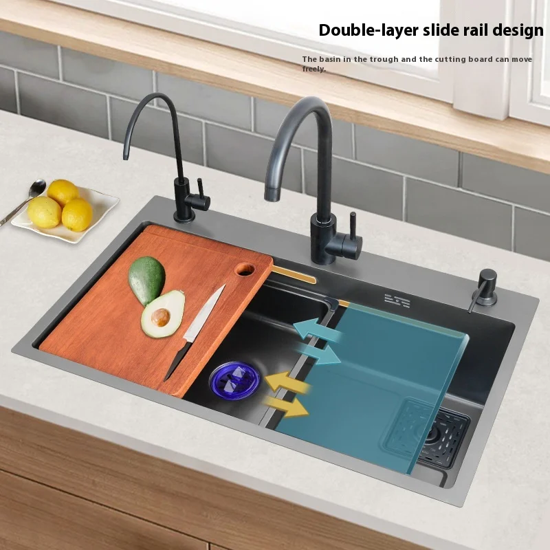 304 Stainless Steel Large Single Kitchen Sink With Faucet Black Nano Thickened Dishwashing Vegetable with Counter Installation