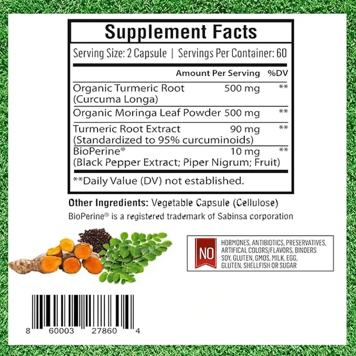 Organic Curcumin Moringa Leaf Powder Black Pepper Extract Curcumin Capsules High Quality Joint Support Supplement