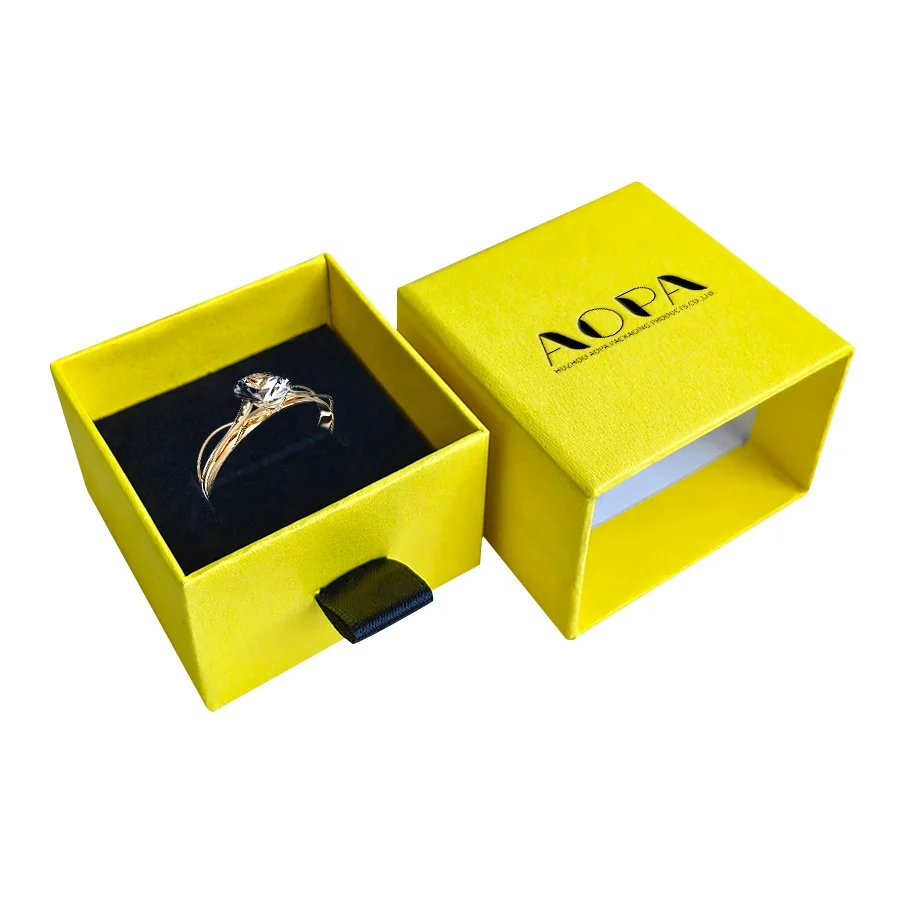 Custom Sets Yellow Paper Cardboard Ring Drawer Packaging Jewelry Box with logo printing