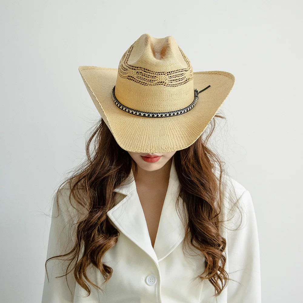 Hot European And American Cowboy Style Belt Woven Papyrus Hollow Straw Hat Outdoor shade Jazz