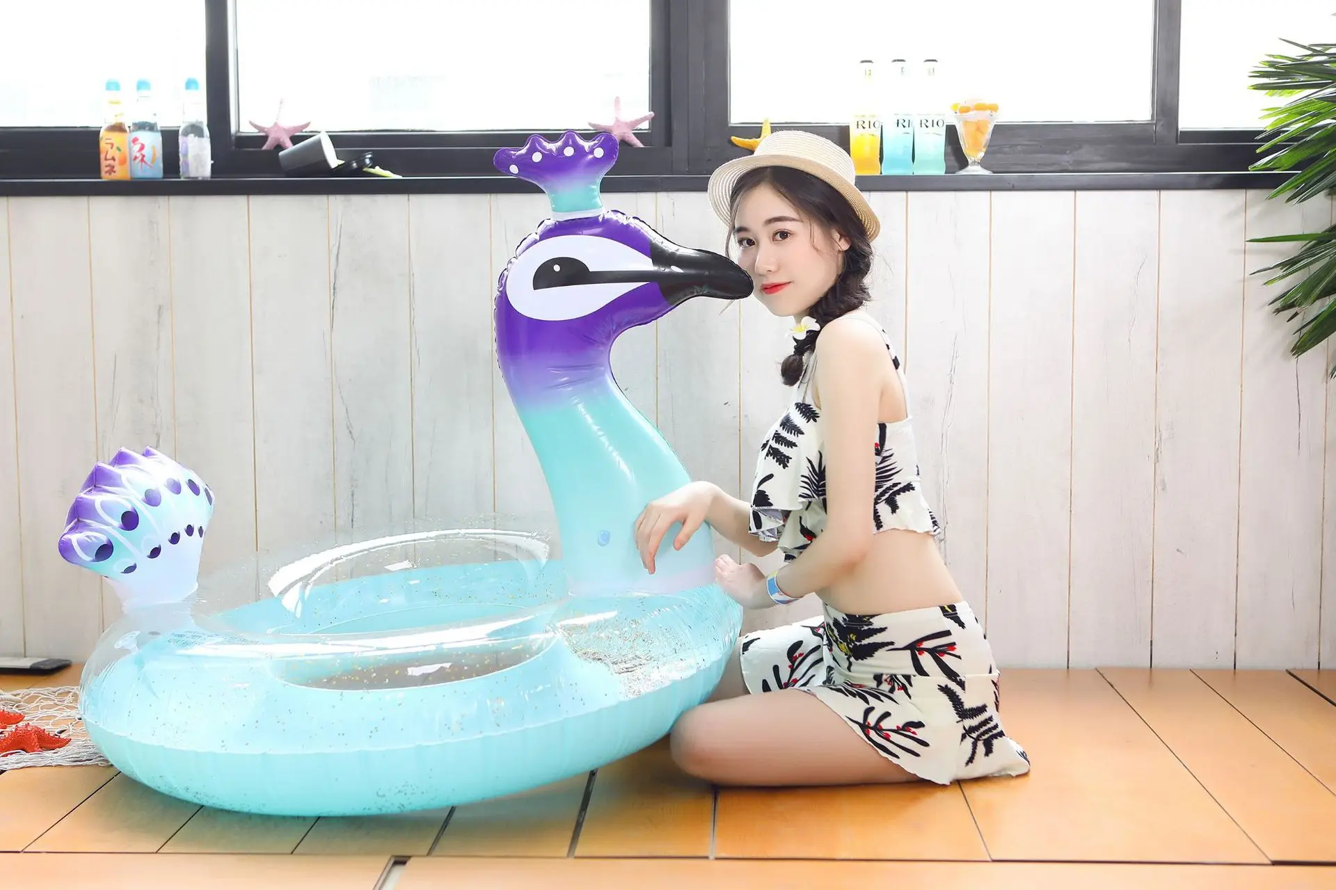 Hot Selling Adults Sequin Peacock Design 90cm 120cm Inflatable Swim Buoy Floating Ring for Swimming