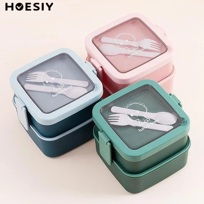 Durable Plastic Lunch Box Storage Two Layer Fork Spoon Microwave Dishwasher Safe Kid Adult Office School Bento Box Lunch Box
