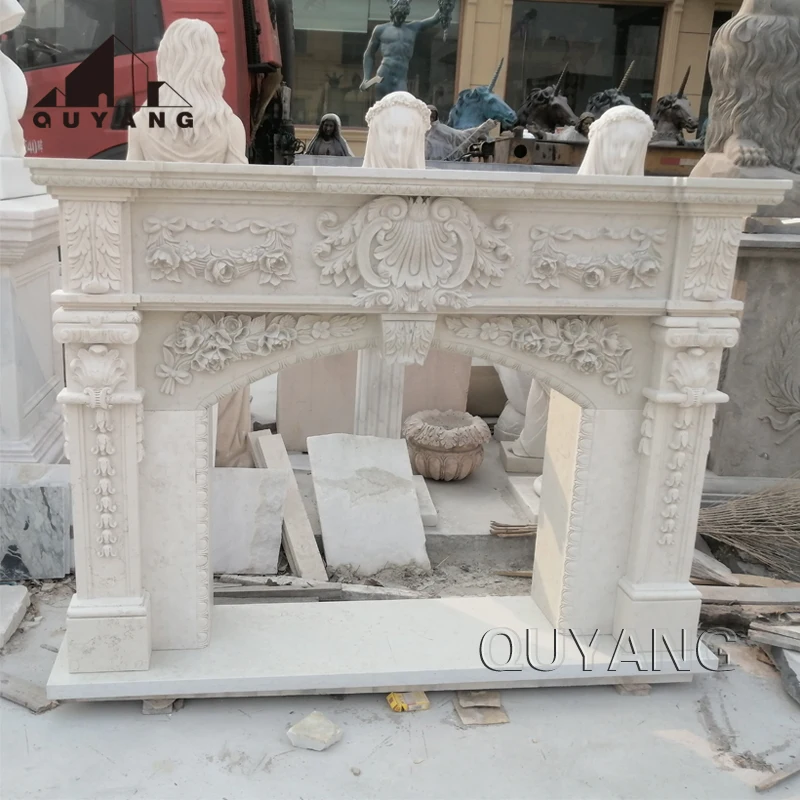 QUYANG Custom French Home Decoration Large Freestanding Fireplace Mantel Black Antique Marble Fireplace Surround