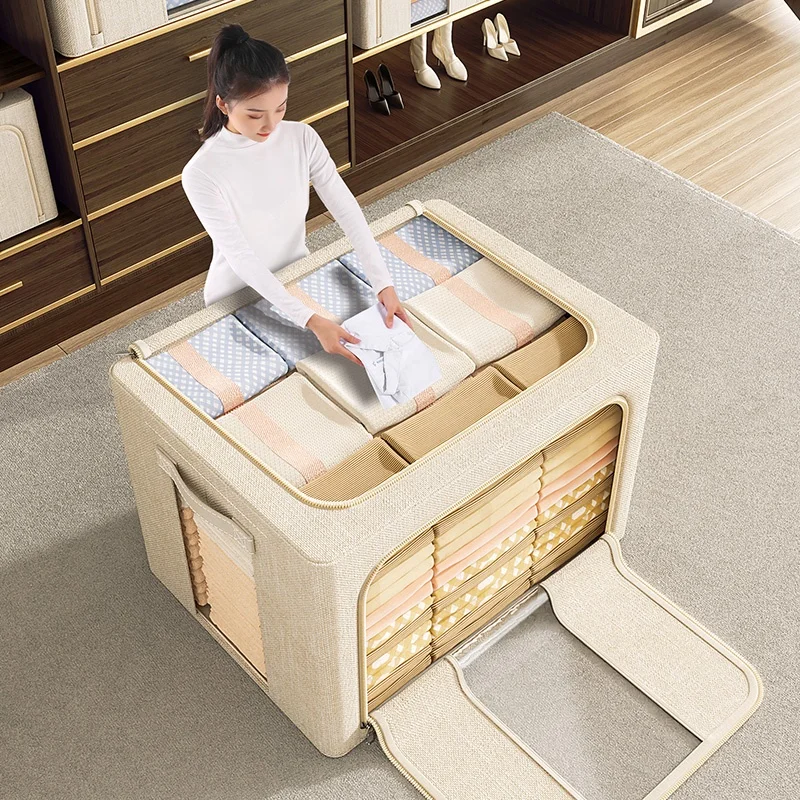 low price Clothes Storage Bins Foldable Metal Frame Storage Box with Clear Windows Stackable Linen Fabric Organizer With Handles
