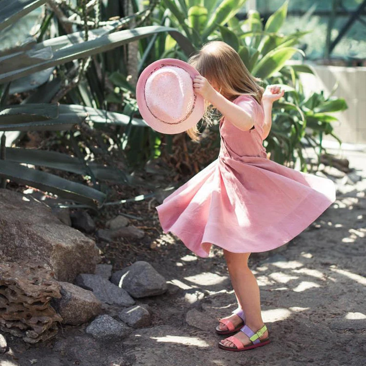Summer Little Girl A- line Short Sleeve Linen Cotton Blank Dancing Dress Kids Girls Plain Twirl Dress
