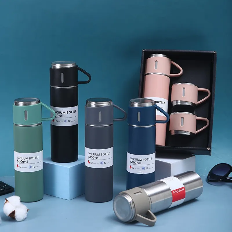 New Idea Travel Business Gift Cup Double Wall Vacuum Flask Set Cup 500ML Coffee Mugs With 3 Lids