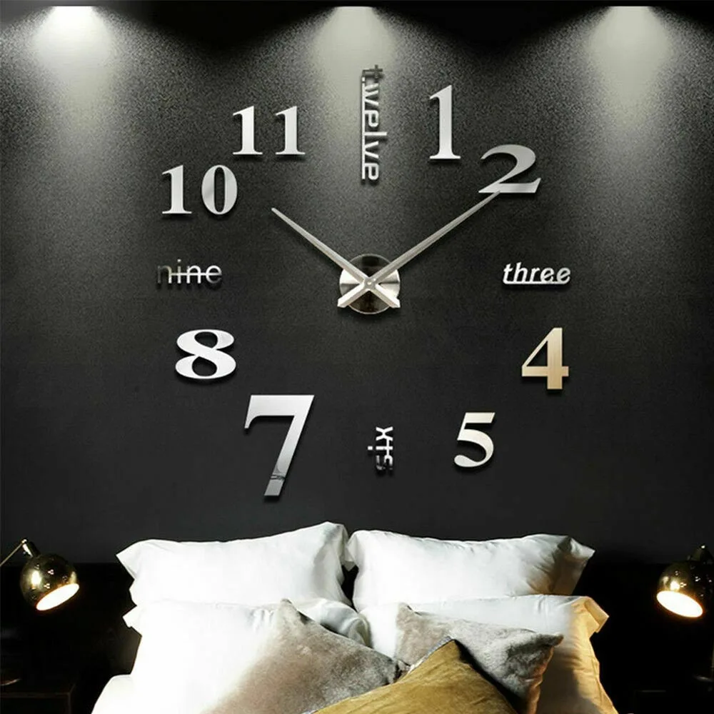 
Silver DIY Large 3D Numerals Wall Clock Surface Mirror Sticker Home Office Decor 