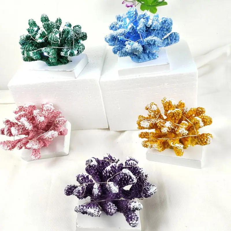 Redeco High Quality Durable Resin Coral Reef With LED Light Light Blue Coral Ornament Resin Crafts For Home Decoration