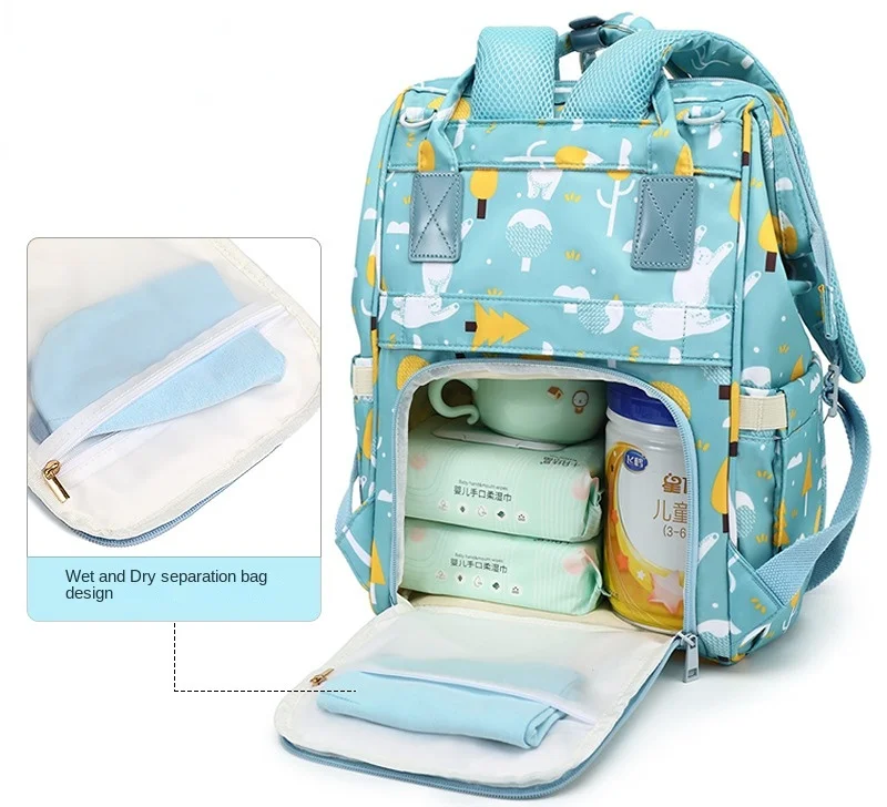 2023 New Large Capacity Blue Patterned Print Waterproof Diaper Bag Backpack Leather Diaper Bag Mommy Bags