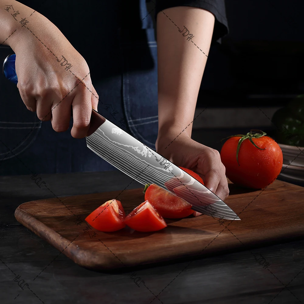 7 inch Hot Sale Santoku Chef Knife Ironwood Handle vg10 73 Layers Damascus Steel Kitchen Knife with Blue Resin Handle