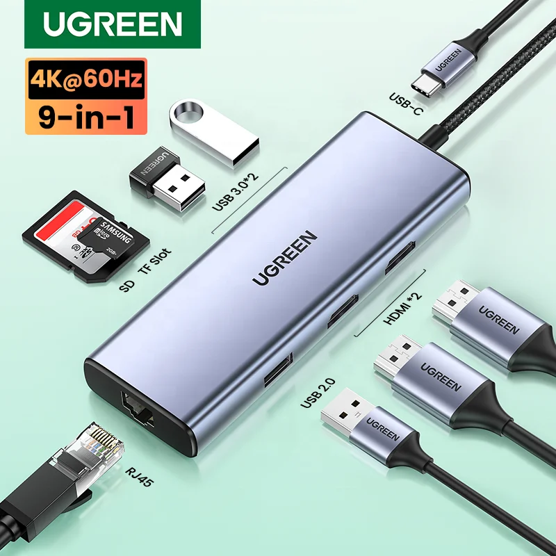 USB-концентратор UGREEN 4K 60 Гц USB C на 2x HDMI 2 0 RJ45 3 PD адаптер для Macbook iPad Pro Air M1 аксессуары ПК