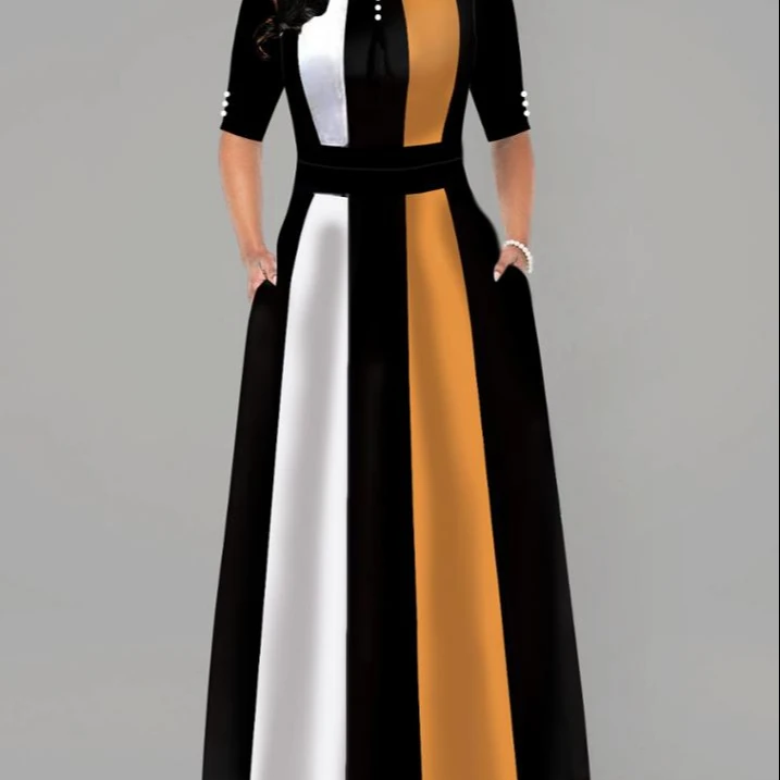 
Wholesale high collar satin long color contrast casual dress women 