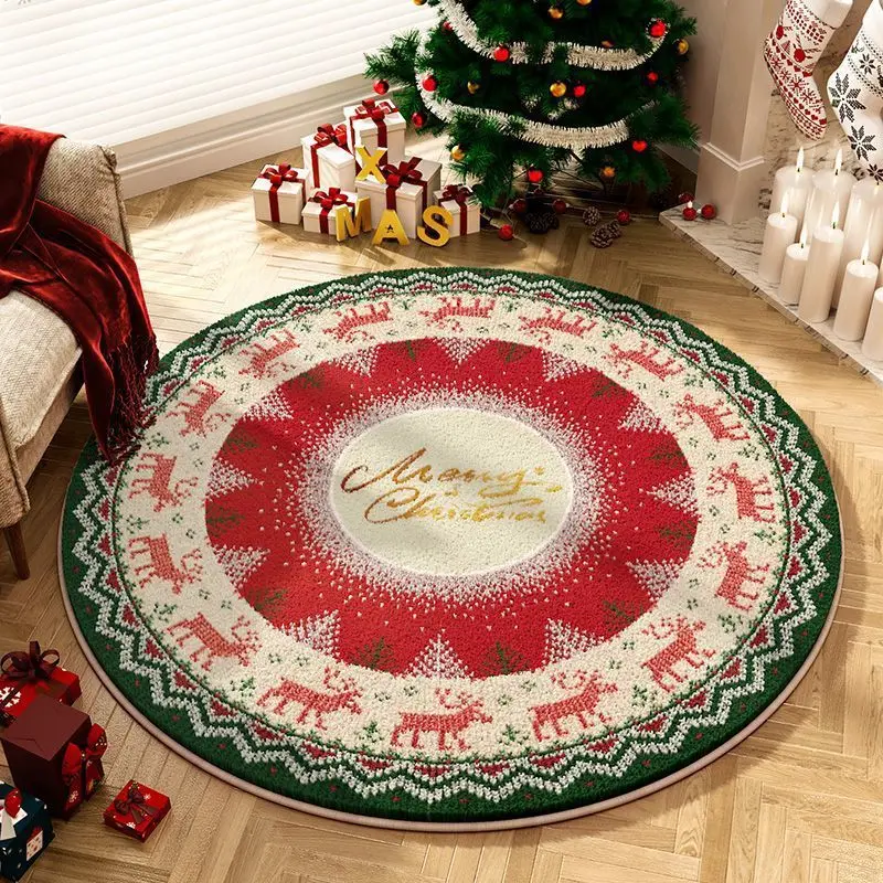 Round Christmas living room imitation cashmere floor mat, dirt-resistant absorbent non-slip mat, home study bedroom soft carpet