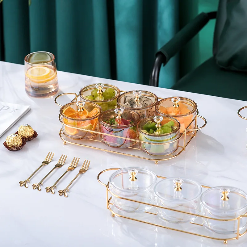 Creative Dried Fruit Plates Glass Serving Dishes Snack Dessert Candy Dish With Lid Metal Tray