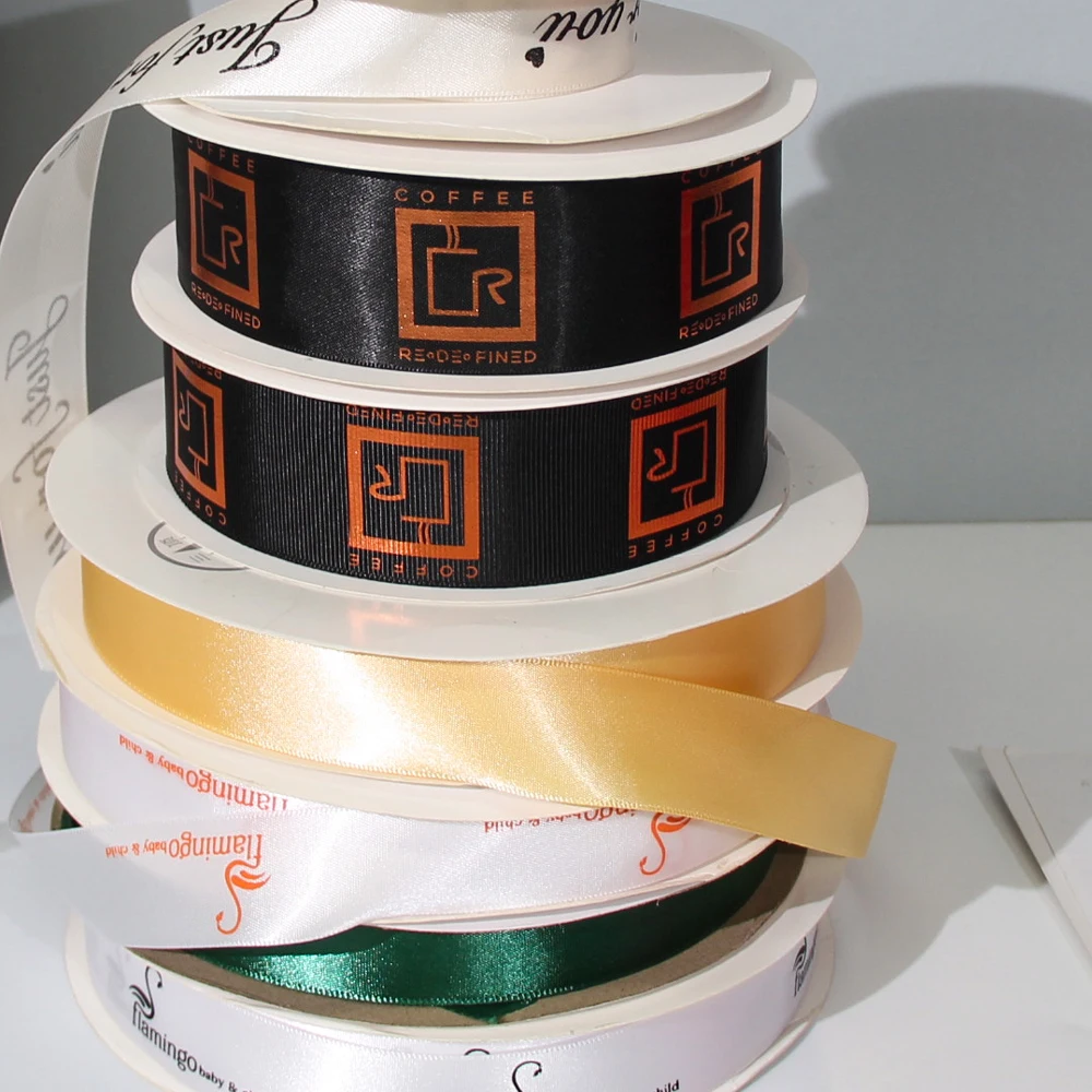 Custom Logo Factory Wholesale Solid Color Double Color Gift Gold foil Printed Satin Ribbon With 1cm 2.5 cm 4 cm 10 cm