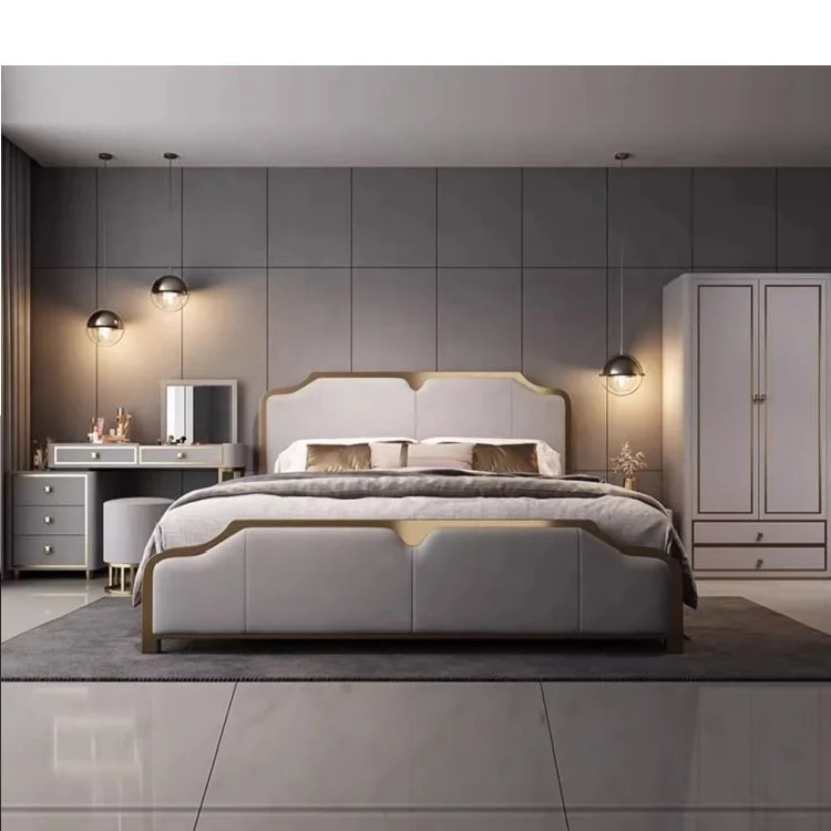 Luxury King Size Modern Leather Bed Big Headboard Leather Upholstered Italian high-end  Bedroom Furniture Double Bed Set