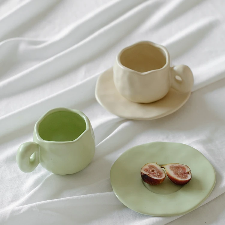 Aesthetic Ins Style Ceramic Coffee Mug with Saucer Handcrafted Irregular Textured Milk Tea Cup Set Best Gift for Coffee Lovers