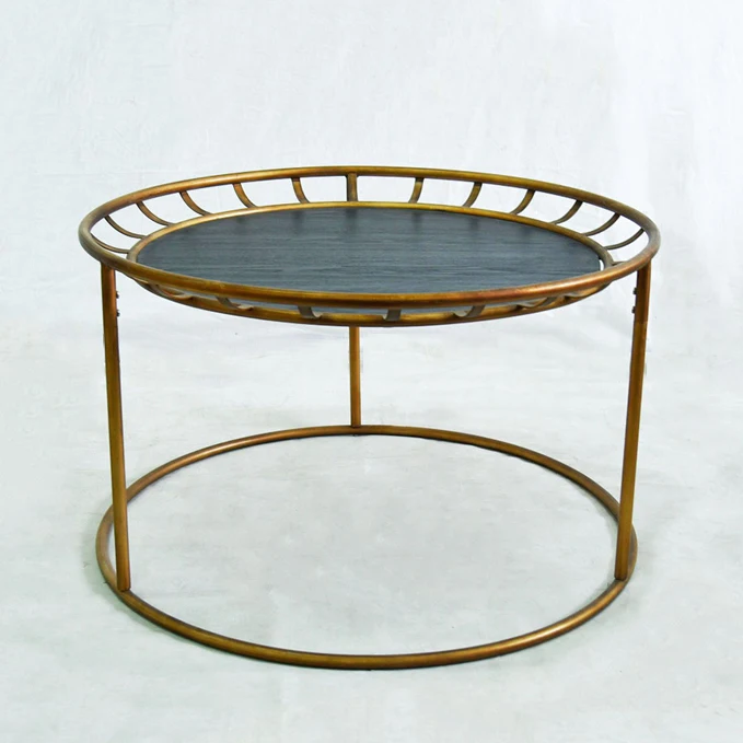 INNOVA antique rustic round wooden top golden metal coffee table living room furniture side center coffee table