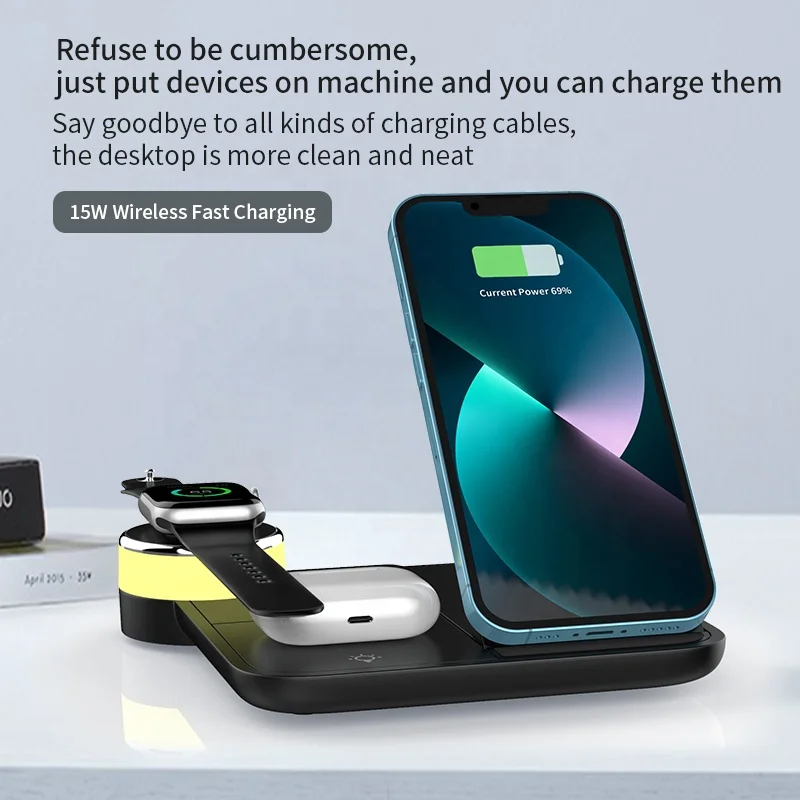 Hot Sale 4 in 1 Charging Station for app-le Products Wireless Fast Charger Stand with Bedside Lamp Compatible for 13/12