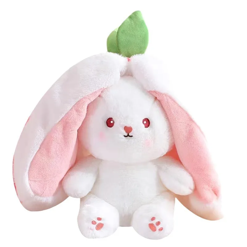 Reversible Strawberry Carrot Bunny Plush Toy with Zipper, Soft Plush Rabbit Stuffed Animal Doll