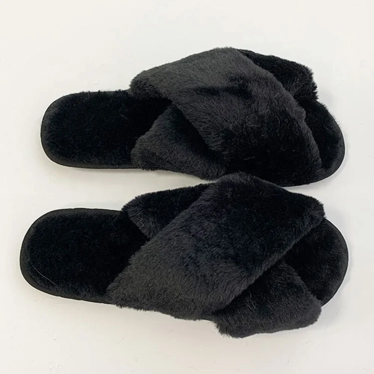 Beautiful Faux Fur Plush Cross Strap Slippers Fashionable Indoor Outdoor Hard-wearing Women Fuzzy Home Slippers Wholesale