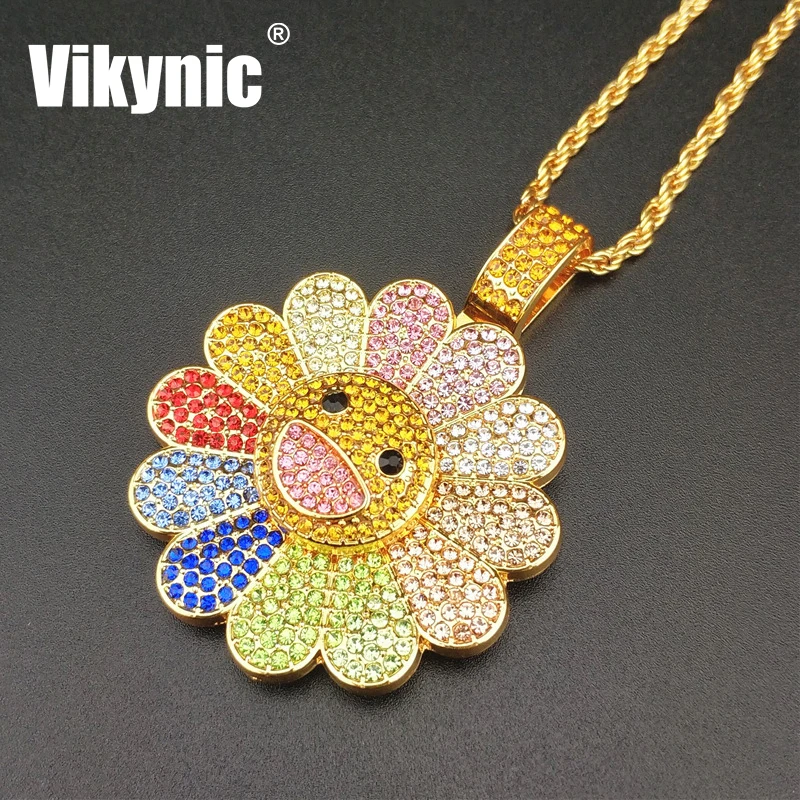 Hip hop Luxury Colorful Rotatable Sunflower Diamond Chain Cubic Zircon Necklace Cuban Link Chain Necklace Iced Out Pendant
