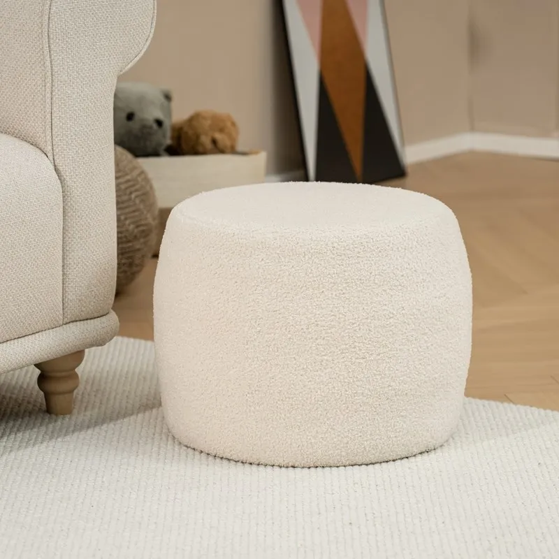 Bailey Modernist Style Stool White Velvet Round Seat Pouf Ottoman For Living Room