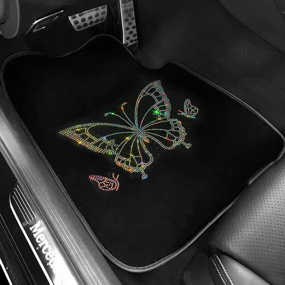 5 PCS Car Floor Mat Leather Bling Butterfly Car Interior Non-slip Floor Cushion Front Rear Carpet for Universal Car