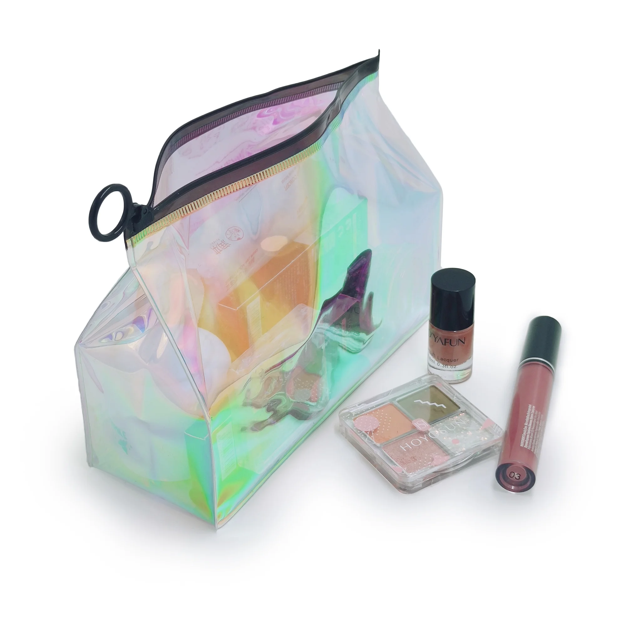 Laser holographic makeup bag rainbow nail polish pouch transparent travel toiletry bags clear pvc iridescent cosmetic bag