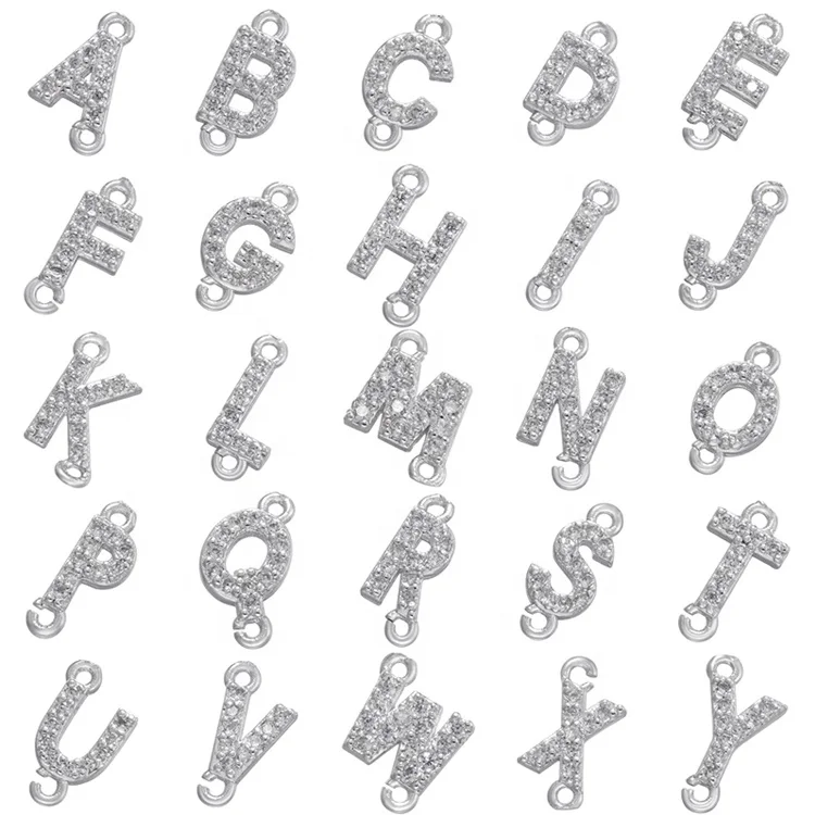Sliver Color Mini CZ Crystal 26 Initials Letter Charms Connector for Bracelet Jewelry Accessories Wholesale