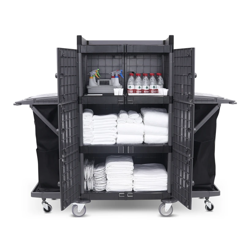 Professional Pp plastic housekeeping trolley janitor cart hotel room attendant maid service housekeeping cart