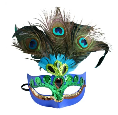 Blue Funny Costume Cosplay Mask Venetian Mardi Gras Carnival Masquerade Mask Peacock Feather Mask for Party Holiday Xmas Decor