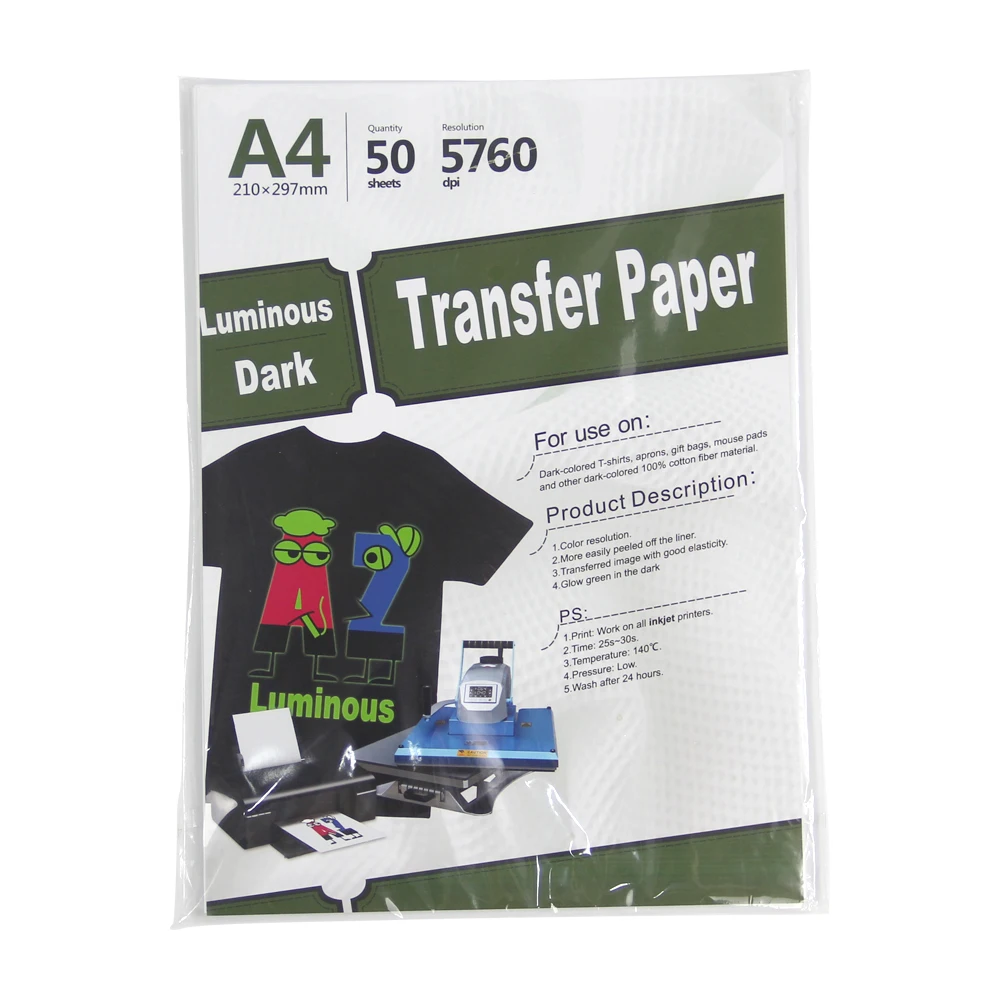 
A4/A3 Fluorescent luminous glow in the darkness wholesale inkjet heat transfer printing paper halloween heat transfer 