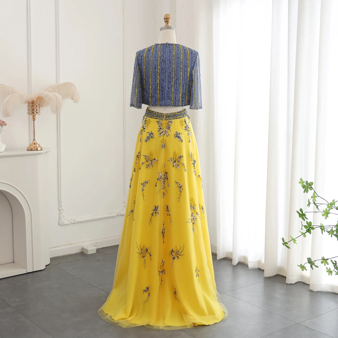 Luxury Dubai Blue Yellow 2 Pieces Evening Dresses for Women Wedding Party Elegant Long Arabic Formal Prom Gown SZ490