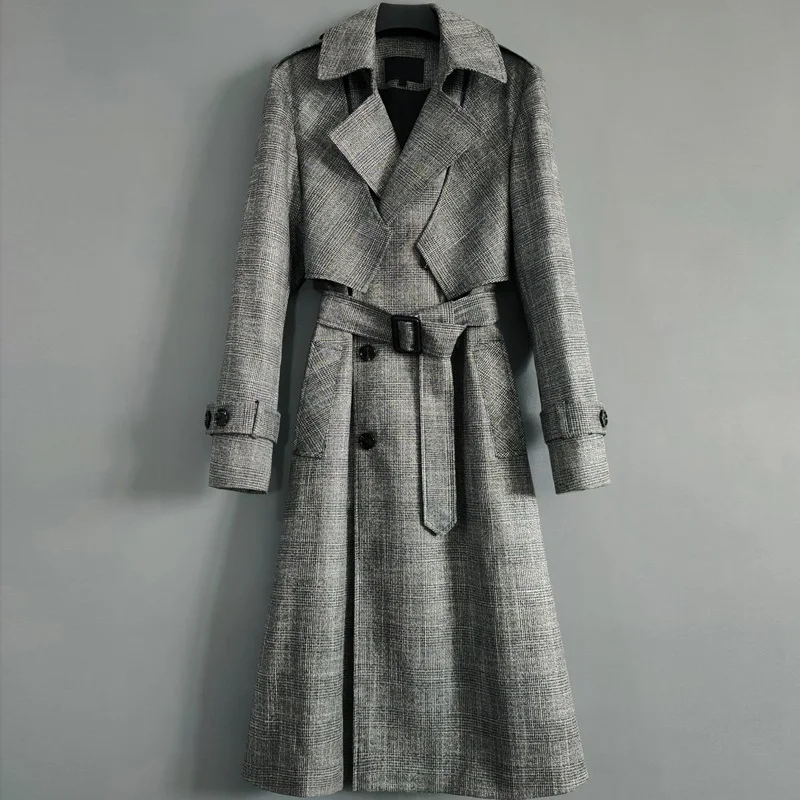 OEM 2020 New Fashion Spring Fall Plaid Turn Down Collar Women Trench Coat