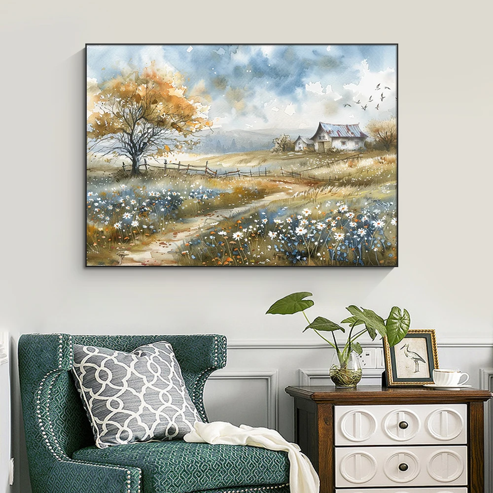 High quality vintage landscape Country cottage poster Country farmhouse painting Wall Deco Art frame canvas wall art