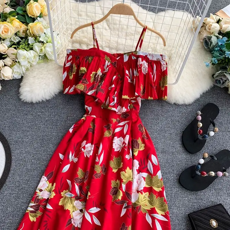 YP Ruffle Vintage Floral Print Summer Off Shoulder Midi Long Dress Party Women Casual Spaghetti Strap Beach Holiday Vestidos