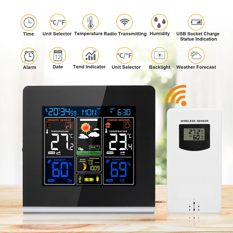 multi-color lcd backlight display wireless weather station with usb charging