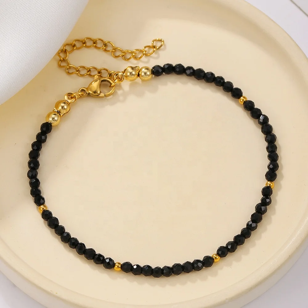 Fashion  Black Glass Crystal Bracelet Gold Stainless Steel Beaded Bracelet for Women Summer Beach Party Jewelry Gift