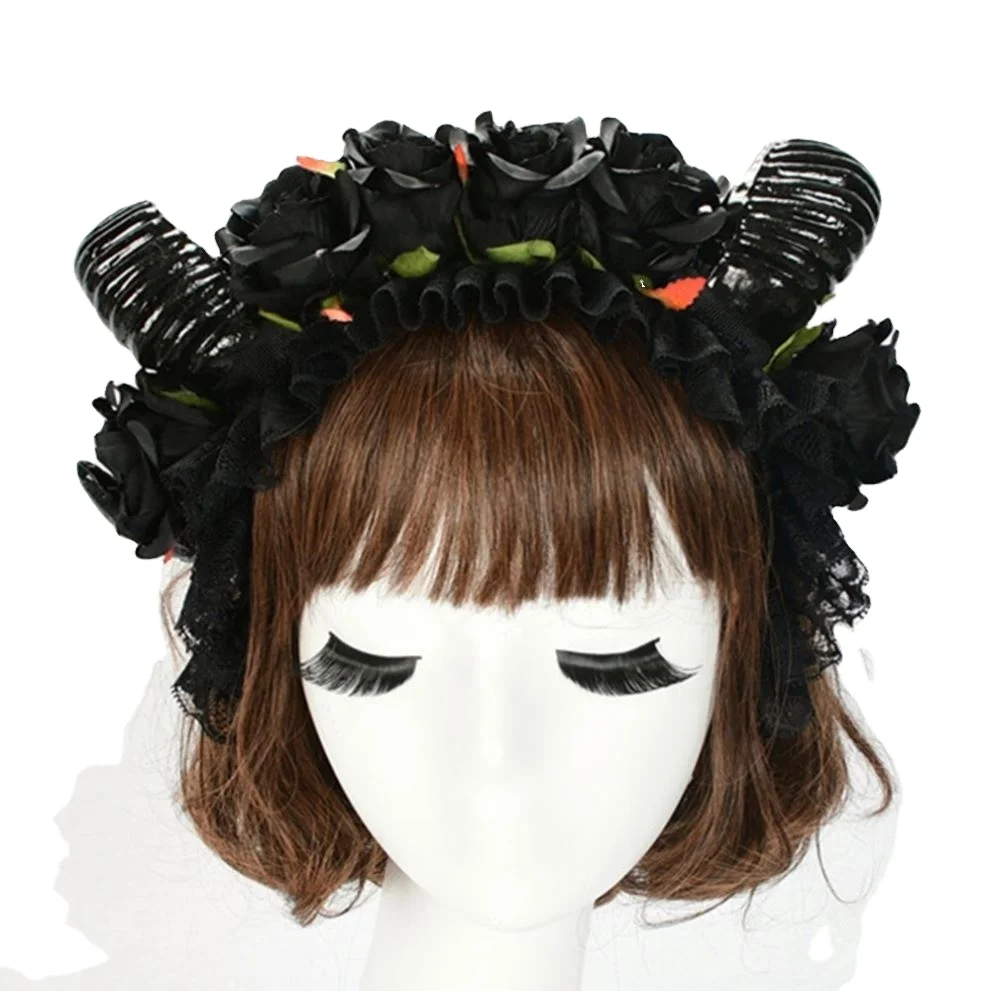 Rose Headband Crown Devil Ram Demon Goat Ram Horns Floral Headdress Cosplay Halloween For Fairy Wedding Sheep Headpiece Gothic