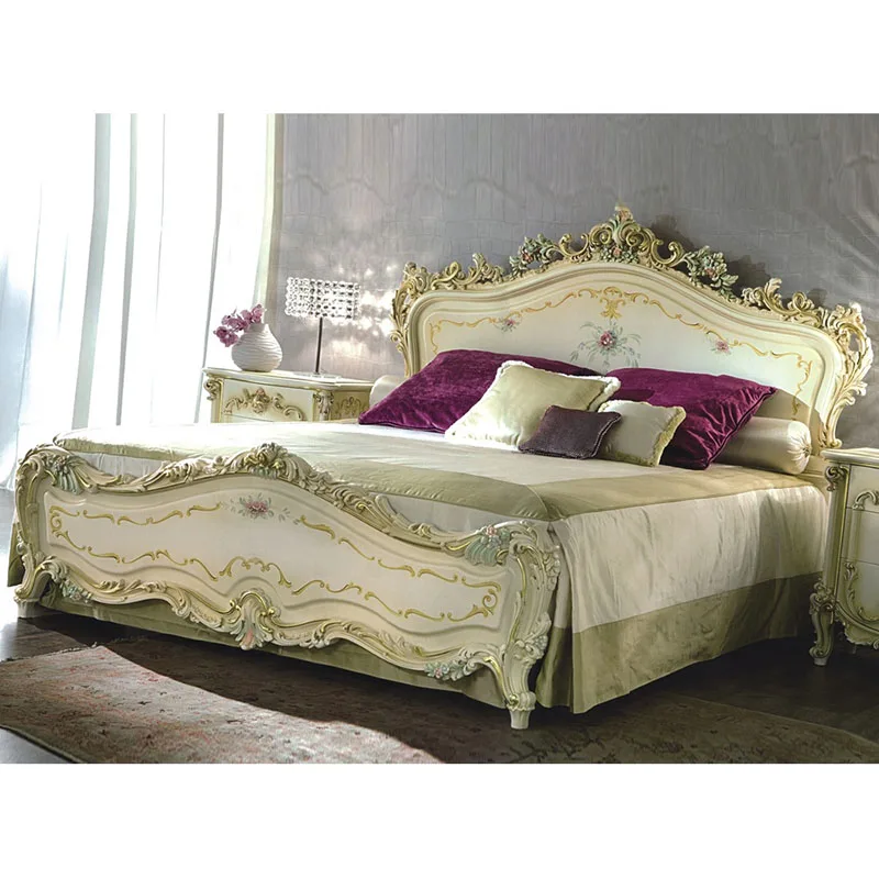 Hot selling European Luxury Classic Wooden Leather Gold Royal Beds Bedroom Furniture