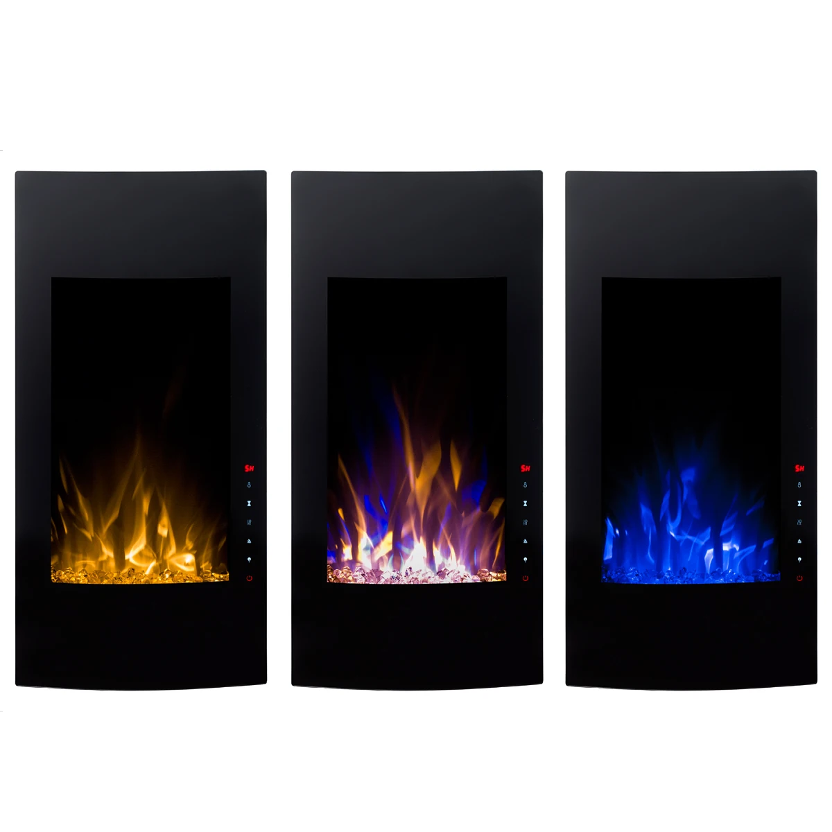 customized black curved glass semicircle indoor high vertical wall mounted electric fireplace for air heating